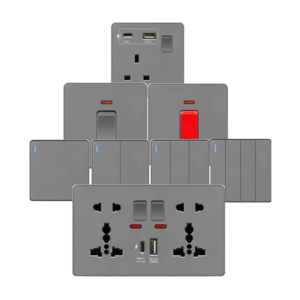 UK Standard 1Gang 3Way Electrical Switch Socket, Large Plate Grey Wall Switch with 13Amp USB C Socket, British African