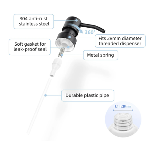 Soap Dispenser Replacement Pump Stainless Steel Shampoo Bottle Nozzle for Regular 28/400 Neck Bottles Home Rustproof Liquid Pump