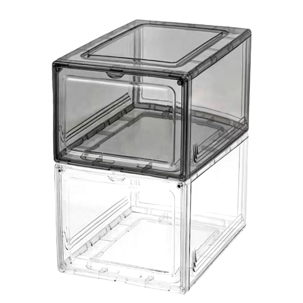 Transparent magnetic sneaker box clear plastic shoe storage folding box with wheels