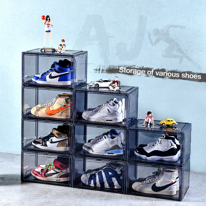 Transparent Plastic Sneaker Stackable Shoe Storage Boxes Drop Front Acrylic Drawer Type Magnetic Clear Shoe Box