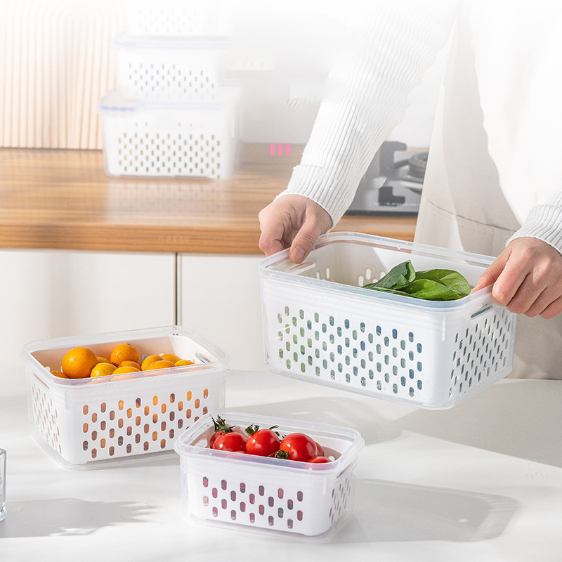 Household transparent double plastic crisper Sealed kitchen drain basket Refrigerator food storage box