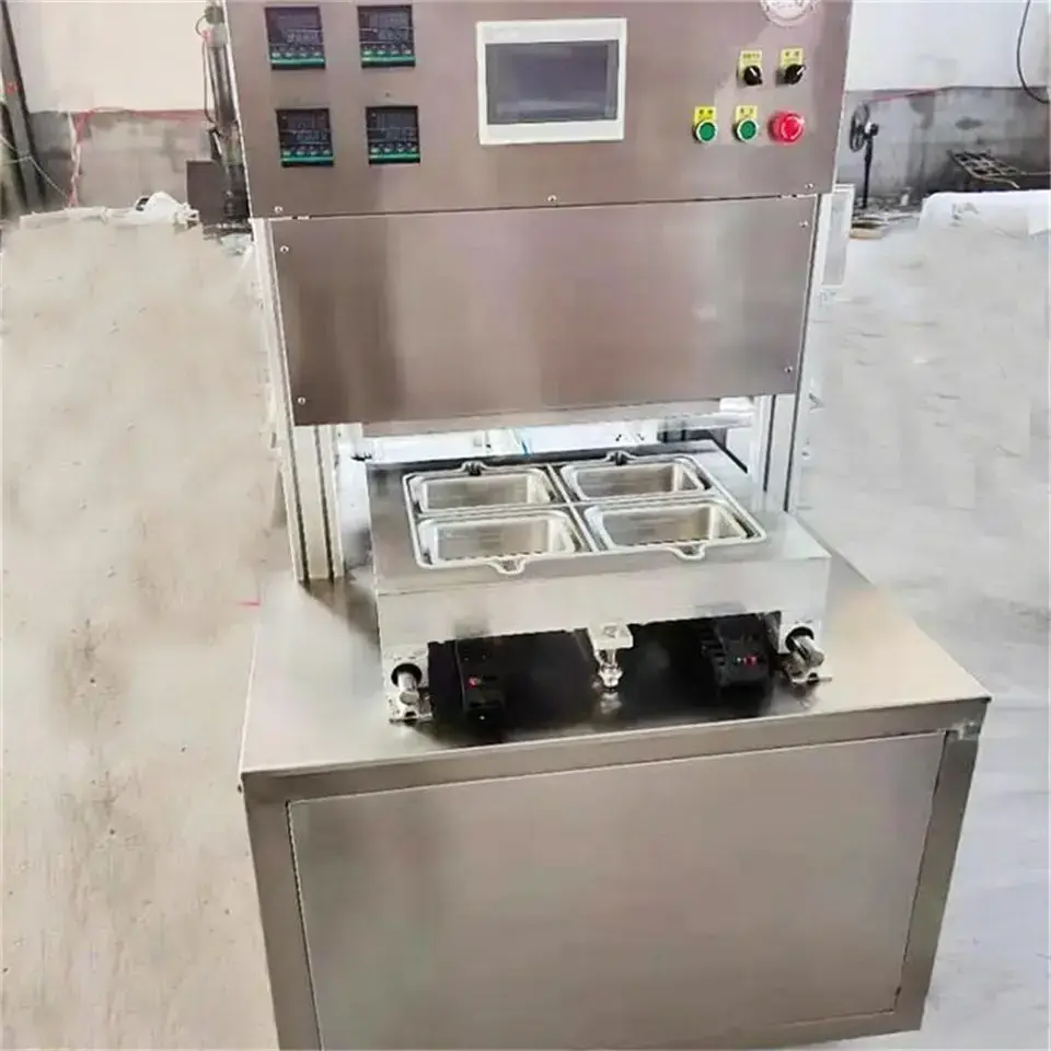 automatic in line vacuum gas flushing table packing vegetable lsalad arge packing tray map sealer sealing machine