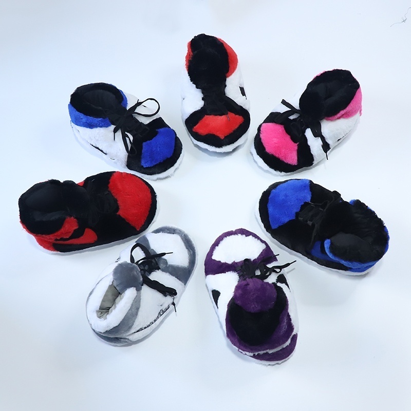 fuzzy Black Red Blue White Gray Green Yellow Sports Style Soft cozy Fluffy Plush Cotton Sneaker Slippers