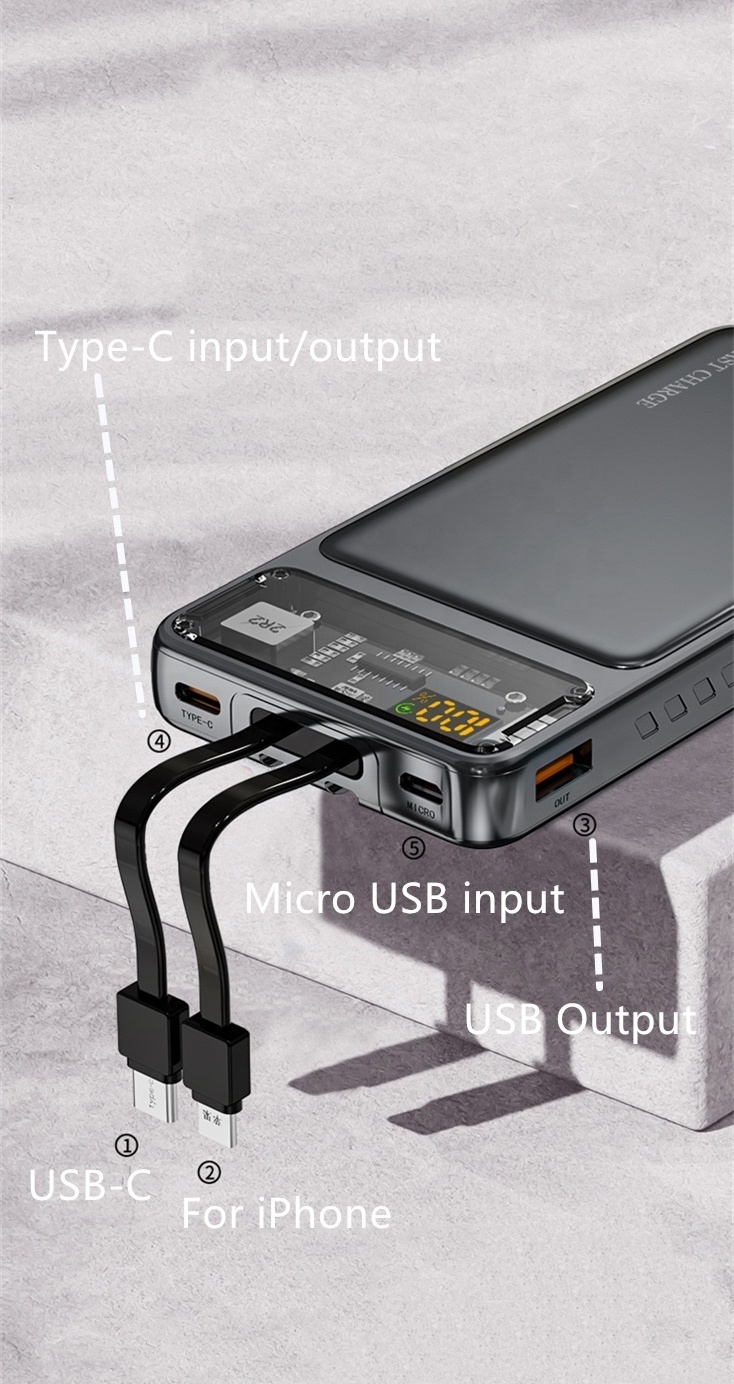 Transparent Power Bank 10000mah Built In Cable 22.5w Qc Pd 3.0 Fast Charging Powerbank For Phone Xiaomi 13 Huawei P40