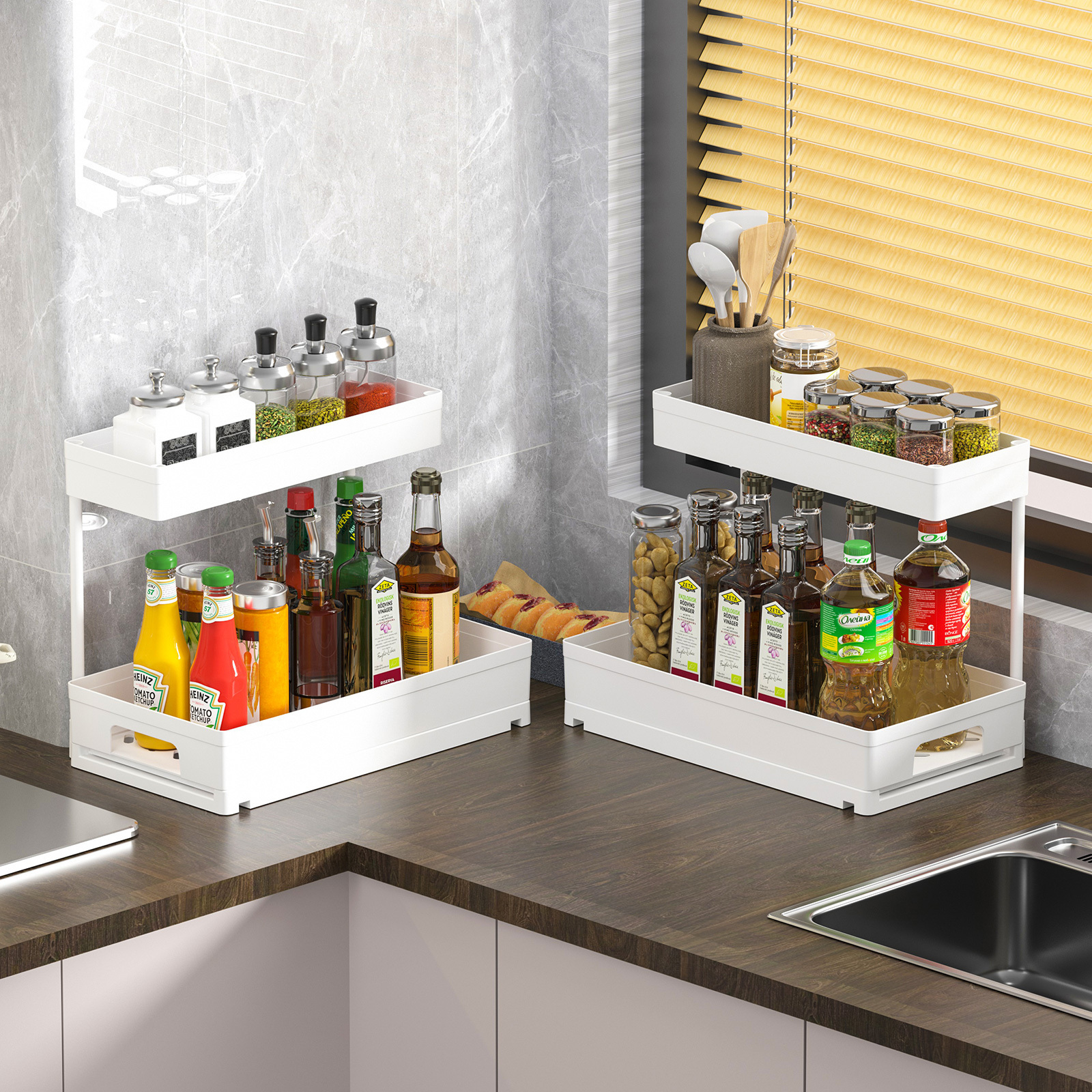 Kitchen cabinet storage rack L-shaped sink storage rack Pull-out drawer basket Removable and perforation-free storage rack