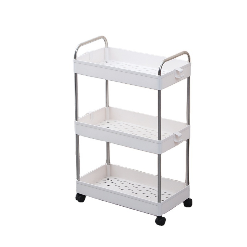 bathroom multi-layer cracks shelf toilet plastic trolley slide 3 tier storage with hooks