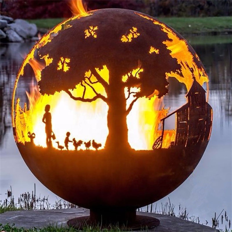 Fire Pit Camping Wood Burning Bonfire Corten Steel Globe Sphere Fire pit