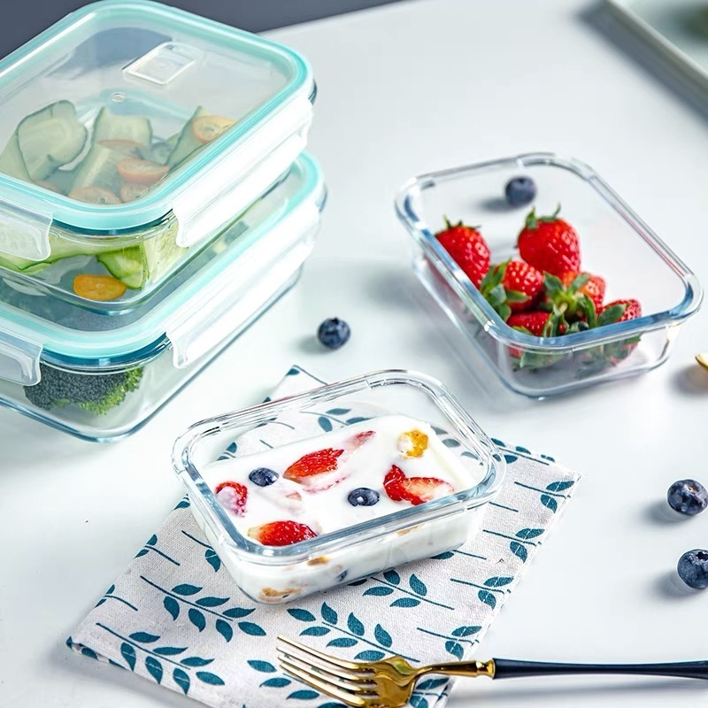 Borosilicate Round/square/Rectangle glass crisper vacuum food storage container lunch bento box with stomata out lock lid