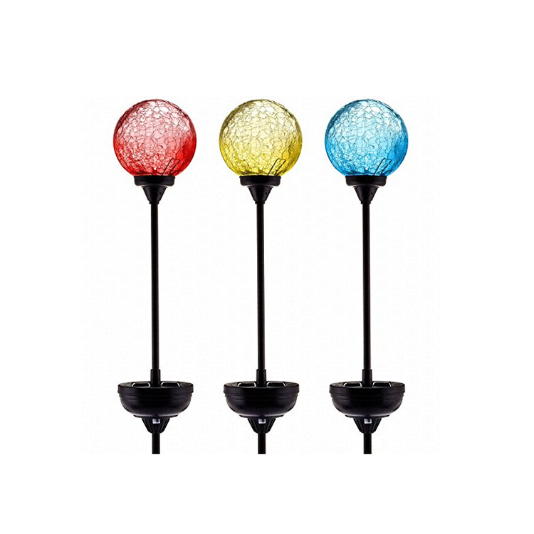 Outdoor garden ornaments Flower shaped crackled solar stake Solar light metal garden stick with handmade blown glass hollow ball