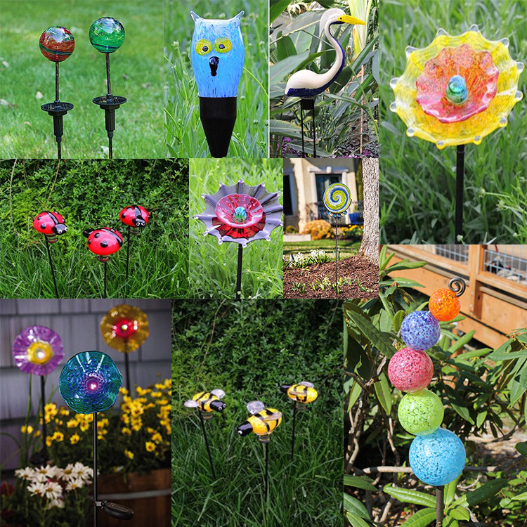 waterproof metal garden stakes decoration with murano glass animal sculpture solar light outdoor garden sticks