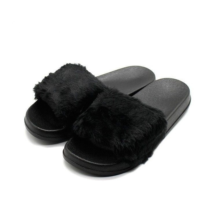 On Sale Cheap Fluffy Rainbow Furry Slides Real Fox Slippers Fur Heel Slipper