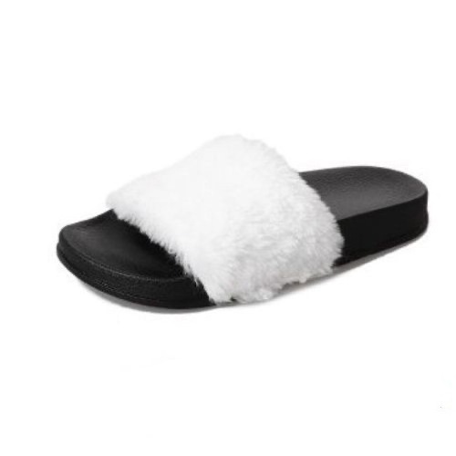 On Sale Cheap Fluffy Rainbow Furry Slides Real Fox Slippers Fur Heel Slipper