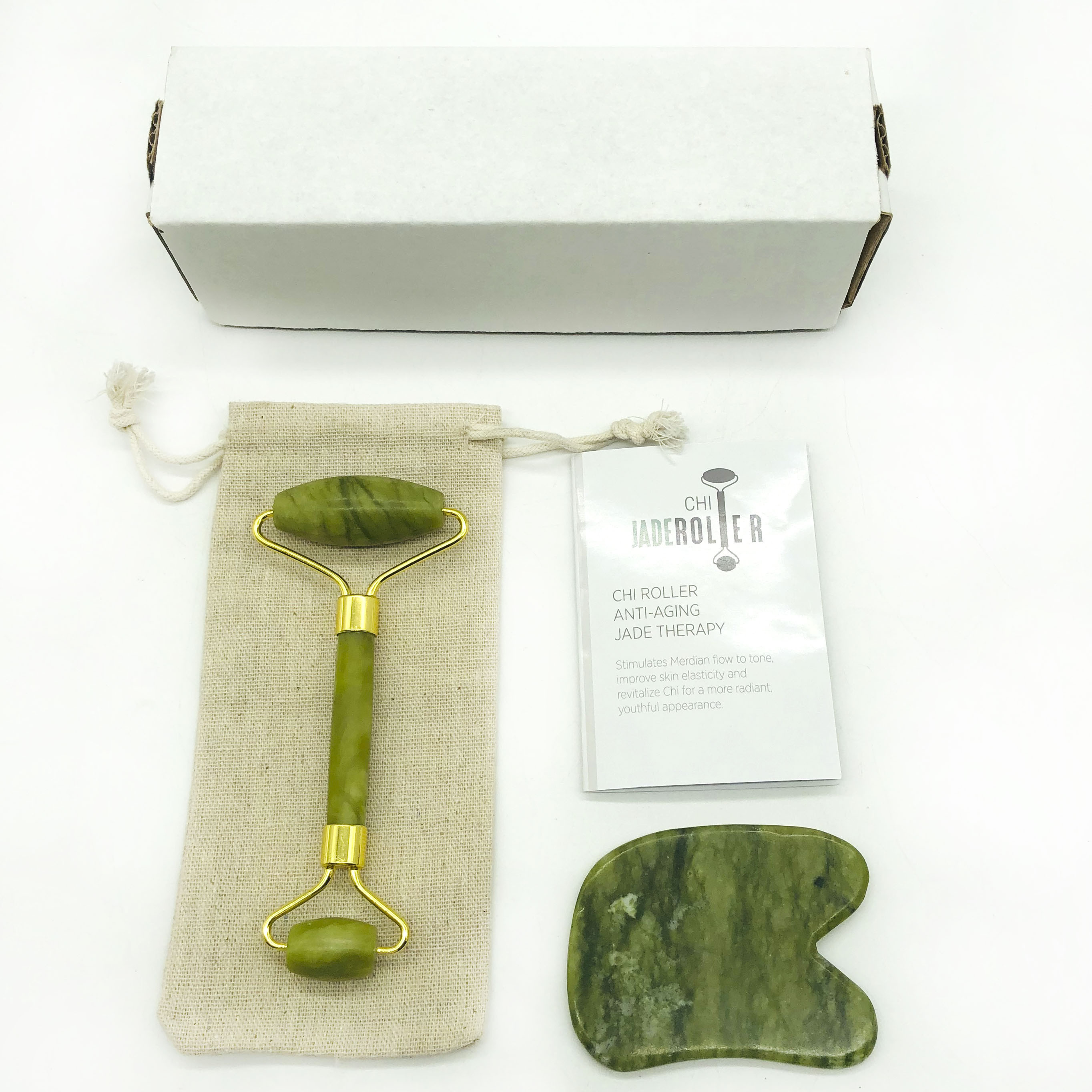 Gift box logo printed green jade face roller with  gua sha board beauty facial massage jade roller guasha set