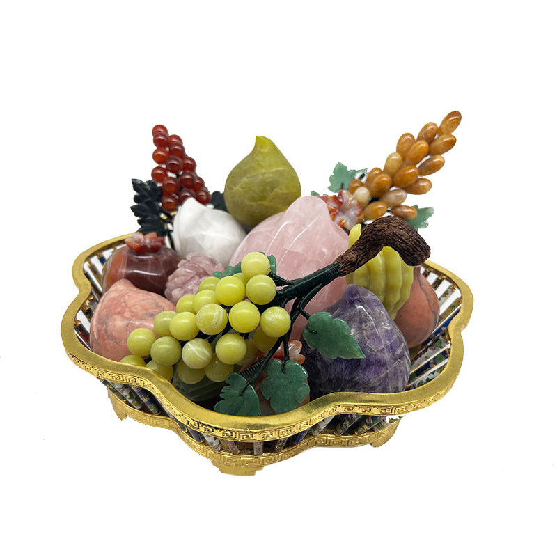 High end gold-plated natural jade fruit basket rose quartz peach amethyst grape jade fruits for home decoration