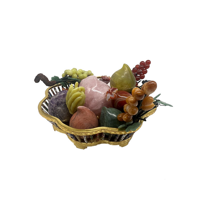 High end gold-plated natural jade fruit basket rose quartz peach amethyst grape jade fruits for home decoration