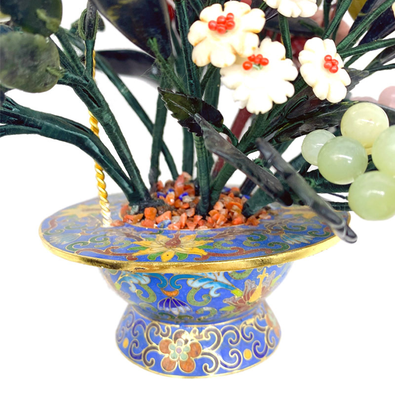 High end Cloisonne Pot Jade Carving Gem Rose Quartz Peach Grape Bonsai Tree