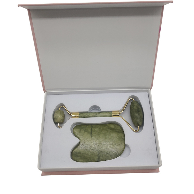 Gift box logo printed green jade face roller with  gua sha board beauty facial massage jade roller guasha set