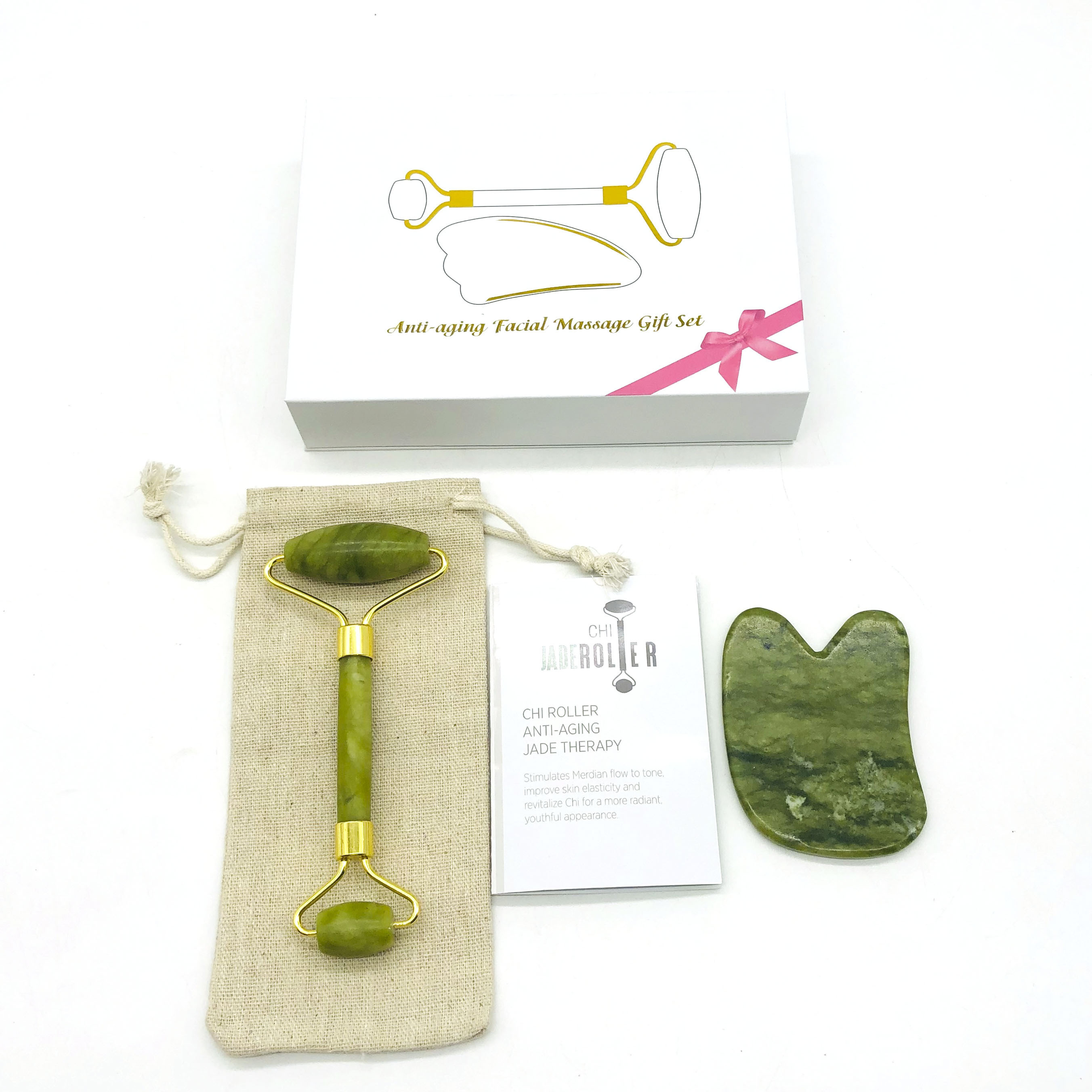 Gift box logo printed green jade face roller with  gua sha board beauty facial massage jade roller guasha set