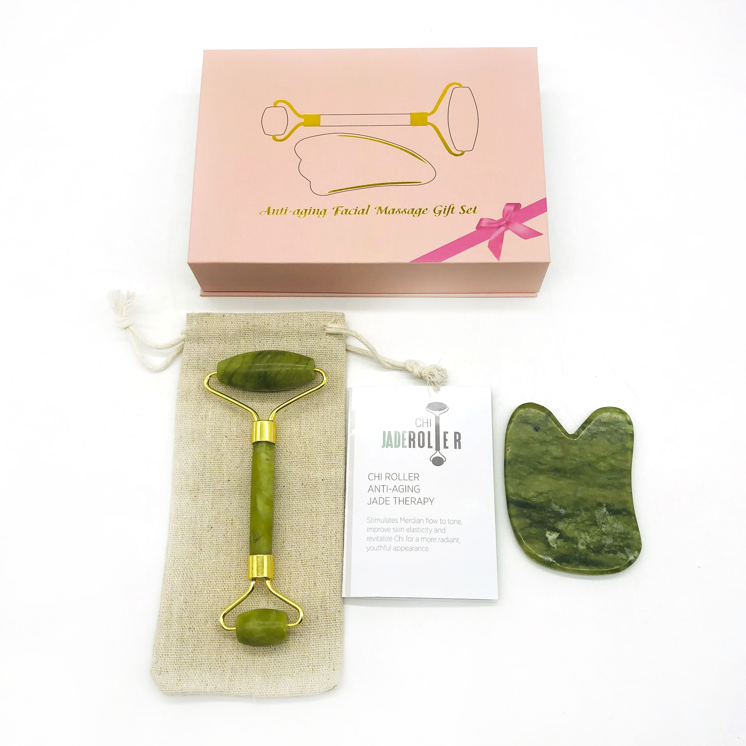 Gift box logo printed green jade face roller with  gua sha board beauty facial massage jade roller guasha set