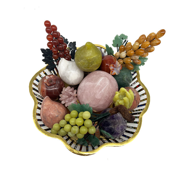 High end gold-plated natural jade fruit basket rose quartz peach amethyst grape jade fruits for home decoration