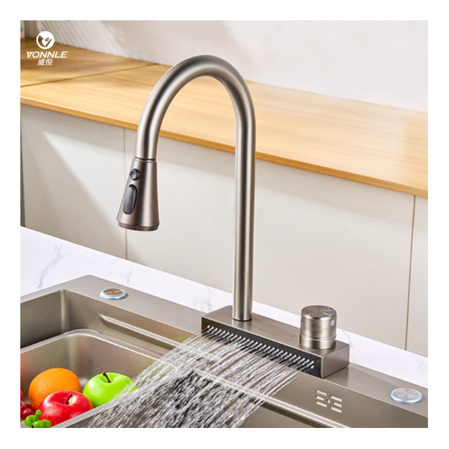 Modern home kitchen sink Waterfall faucet Stainless steel puller multifunctional table waterfall kitchen faucet