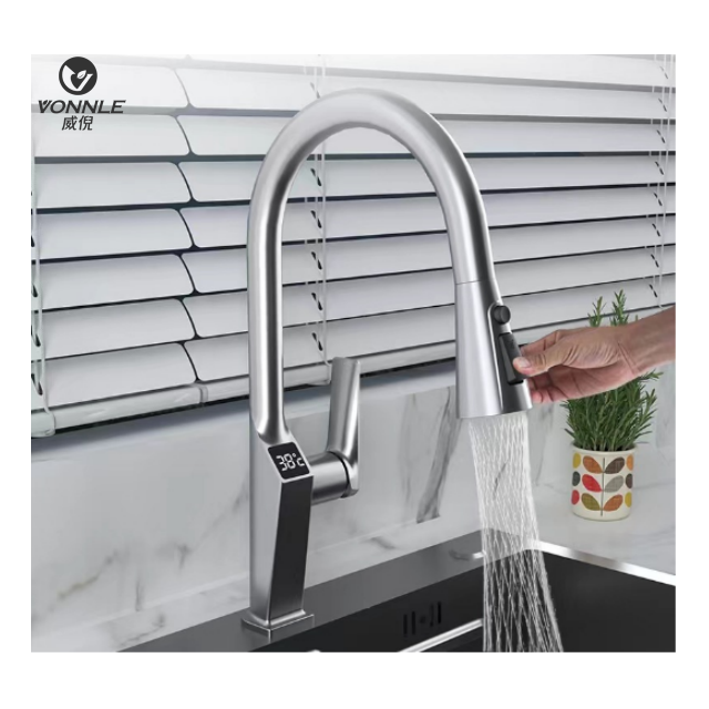 New Intelligent Kitchen Vegetable Cleaning Pull Waterfall Faucet Stainless Steel Sink Digital Display Faucet in Kitchen