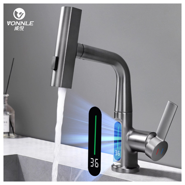 New Digital Display Pull out  modern smart faucet 1080 rotating splash filter bathroom basin faucets