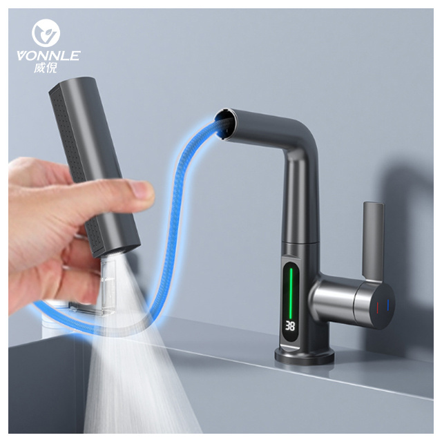 New Digital Display Pull out  modern smart faucet 1080 rotating splash filter bathroom basin faucets