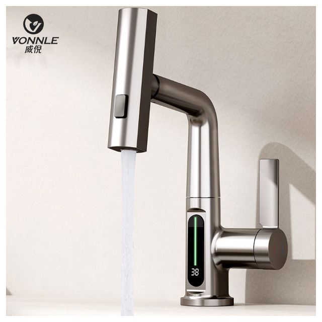 New Digital Display Pull out  modern smart faucet 1080 rotating splash filter bathroom basin faucets