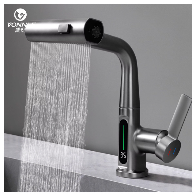 Chinese high quality modern smart bathroom pull out brass rotating faucet hot and cold water