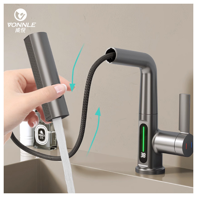 Chinese high quality modern smart bathroom pull out brass rotating faucet hot and cold water