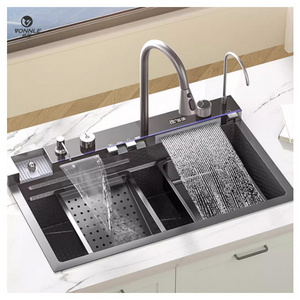 modern multifunctional stainless steel smart luxury waterfall nano black Single bowl kitchen sinks