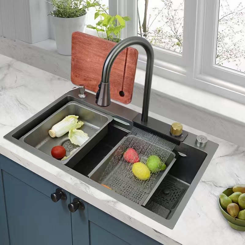 modern Kitchen Workstations Sink with Waterfall Faucet Black nano Multi-function Kitchen Sink Stainless Steelmodern Kitchen Wor