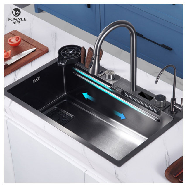 LED ambient light smart kitchen sink waterfall waterfall sink Sink stainless steel