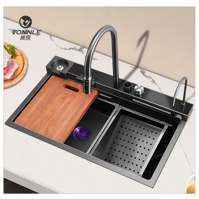 modern Kitchen Workstations Sink with Waterfall Faucet Black nano Multi-function Kitchen Sink Stainless Steelmodern Kitchen Wor