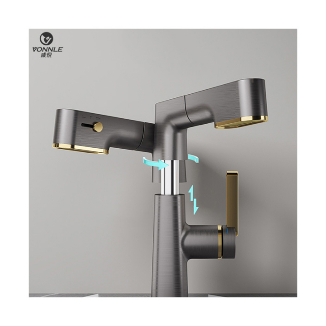 Modern new bathroom wash basin lifting faucet wash basin cold and hot intelligent digital display rotary pull faucet