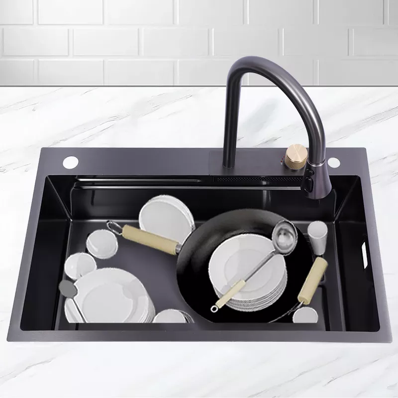 modern Kitchen Workstations Sink with Waterfall Faucet Black nano Multi-function Kitchen Sink Stainless Steelmodern Kitchen Wor