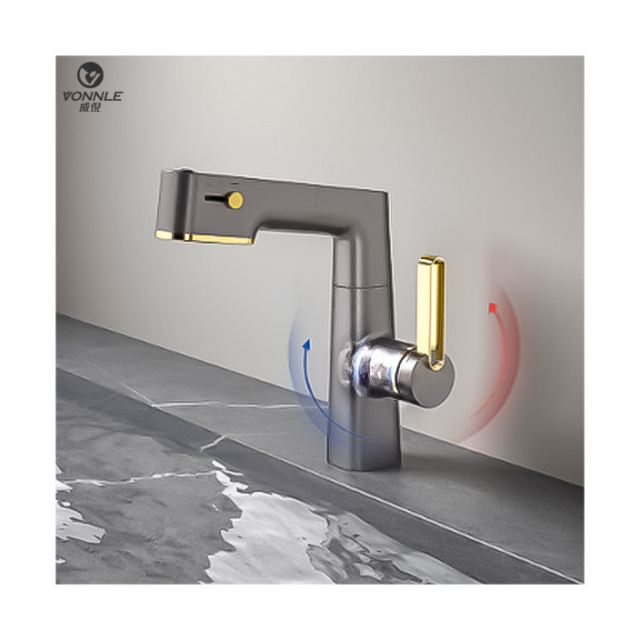 Modern new bathroom wash basin lifting faucet wash basin cold and hot intelligent digital display rotary pull faucet