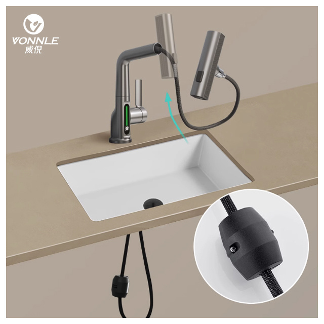 High quality Chinese digital display pull out brass rotating bathroom  water faucet Commercial kitchen faucet