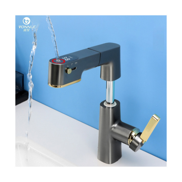 Modern new bathroom wash basin lifting faucet wash basin cold and hot intelligent digital display rotary pull faucet