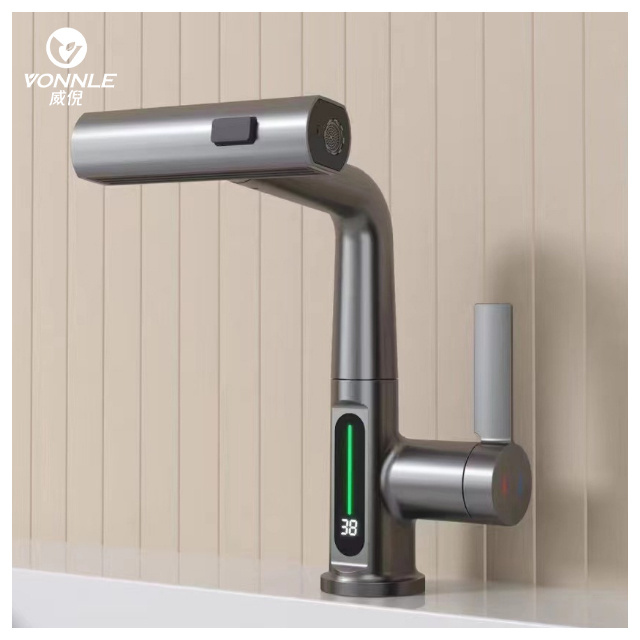 High quality Chinese digital display pull out brass rotating bathroom  water faucet Commercial kitchen faucet