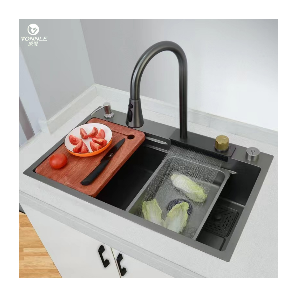 modern Kitchen Workstations Sink with Waterfall Faucet Black nano Multi-function Kitchen Sink Stainless Steelmodern Kitchen Wor