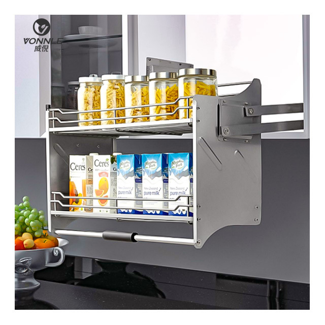 New Stainless Steel Kitchen Cabinet Pull Out Down Shelves Elevator Lifting Pull-down Basket