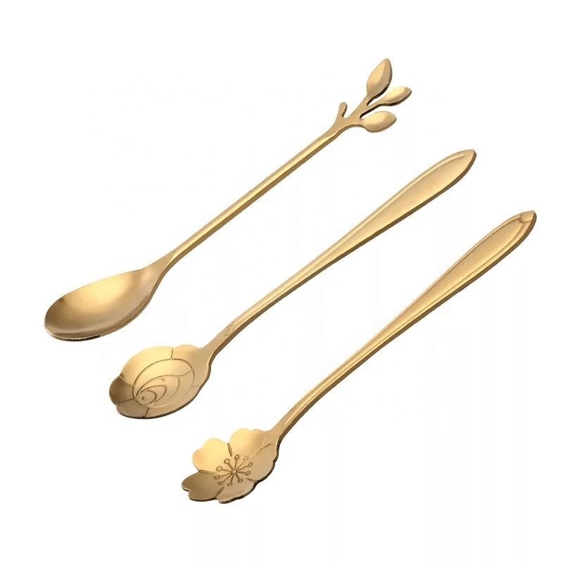 wholesale eco golden flower stainless steel gold tea coffee spoon