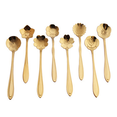 wholesale eco golden flower stainless steel gold tea coffee spoon