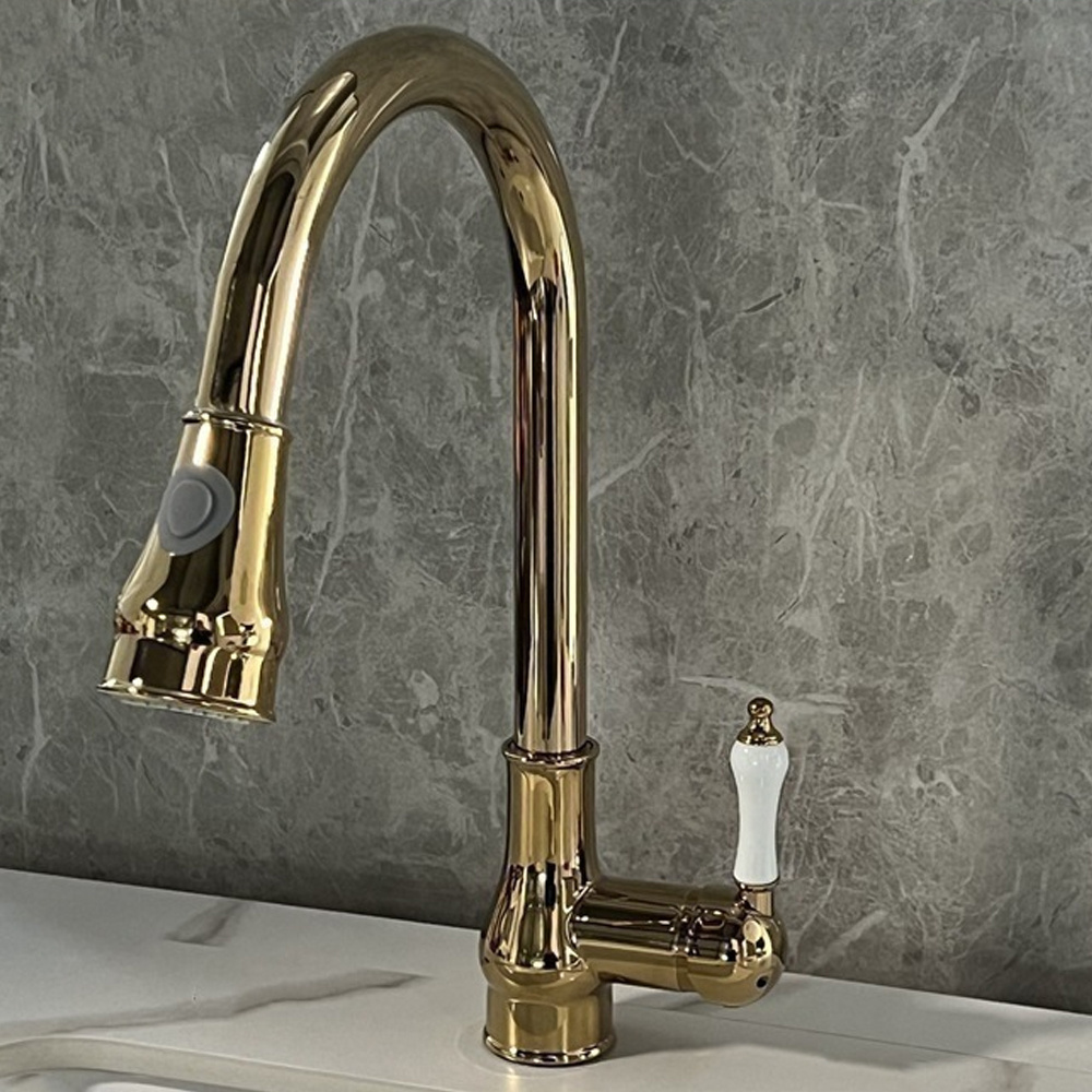 All copper gold kitchen Pull Out faucet  cold and hot sink  retro telescopic household faucet