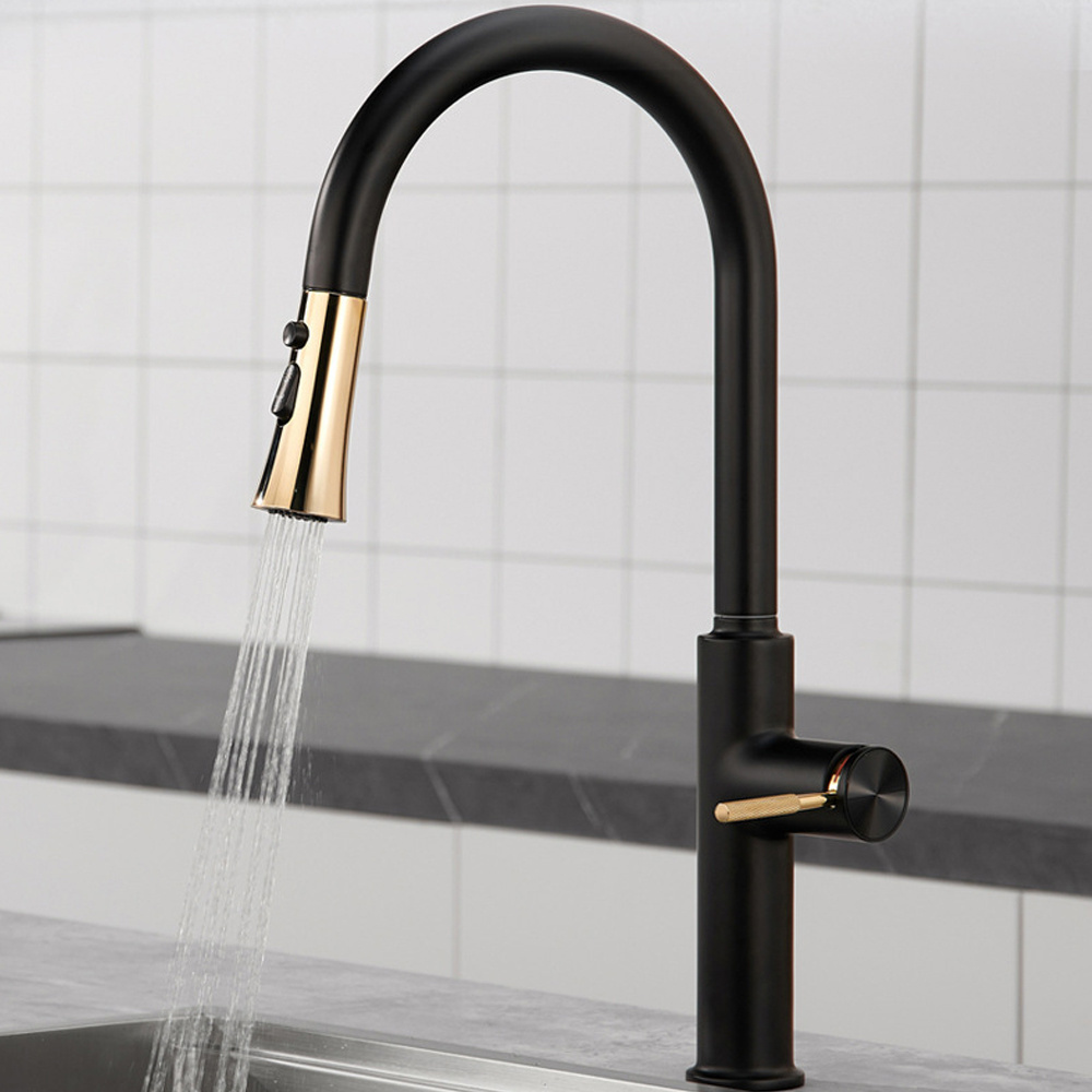 Black and gold Pull Out type cold and hot large bend faucet kitchen sink vegetable basin ash rotation anti splash  Faucet