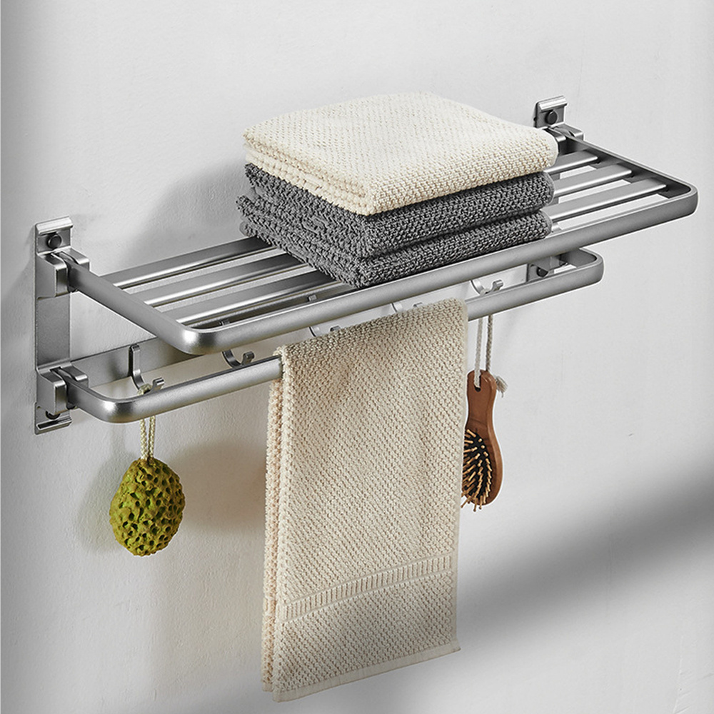 Stainless Steel Bathroom Towel Accessories Foldable Wall Mounted Towel Hanger Polished Towel Shelf With Clothes Hooks