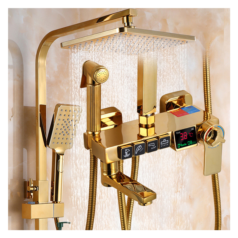 Gold Digital Shower Set Intelligent Brass Bathroom Faucet Hot Cold Waterfall Tap Rainfall Shower Set