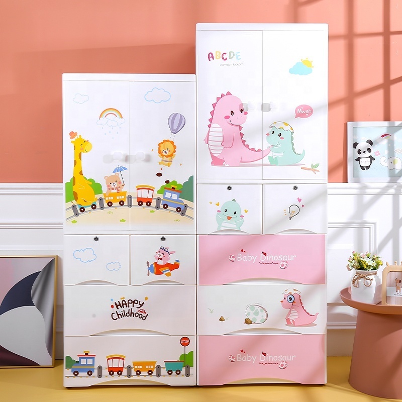 Cartoon design double door open 65cm baby plastic clothes wardrobe hanging and shelf type 2 Layer clothes storage cabinet